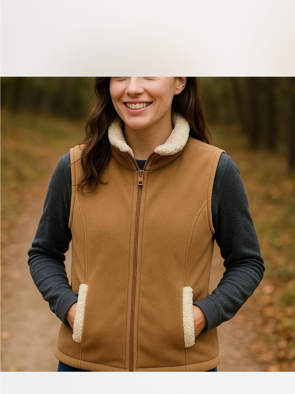 Women’s Tan Fleece Sherpa Trim Full Zip Vest Cozy Outdoor Layer cottagecore fall